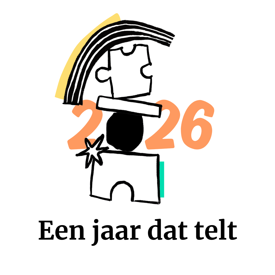 Illustratie van een speelse doodle met puzzelstukken die op elkaar balanceren, met het jaartal 2026 en de tekst ‘Een jaar dat telt’, in de stijl van Twisted Studio.