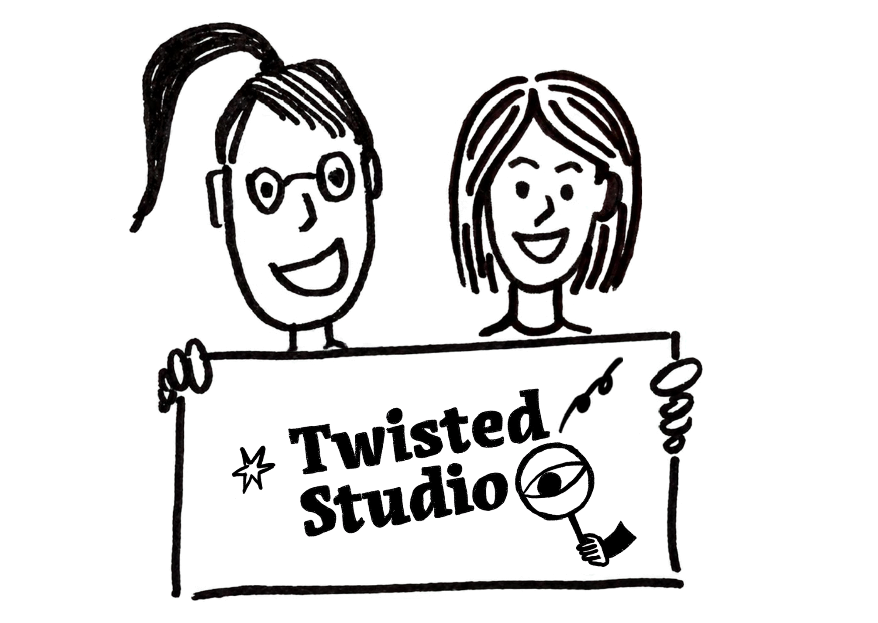Zwart-wit lijntekening van drie lachende designers die een banner vasthouden met de tekst 'Twisted Studio'